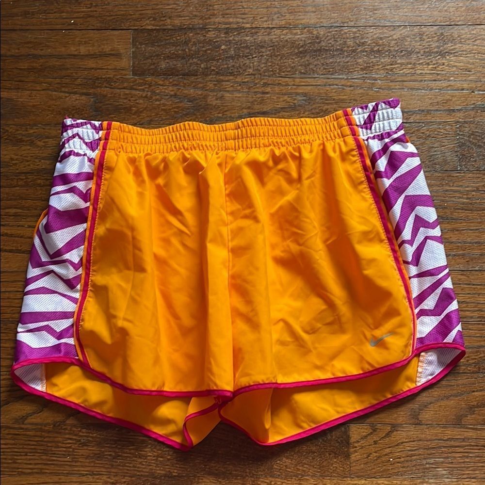 Nike Dri-Fit Vibrant Orange Women's Shorts with Purple Accents